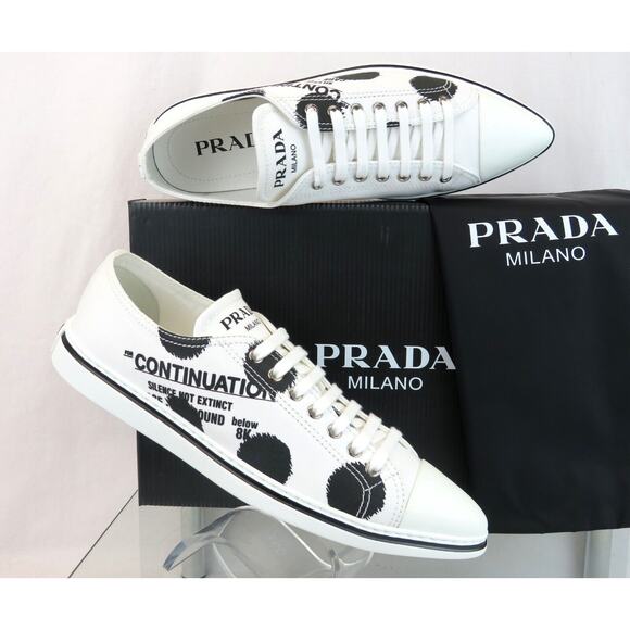 PRADA 1E617M WHITE BLACK POLKA CANVAS LOGO POINTY CAP LOW TOP SNEAKERS 38.5 - Picture 3 of 15